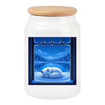 Snow fox - Cookie Jar with Wooden Lid - white - Front