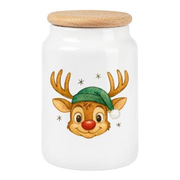 Renne avec chapeau de Père Noël - Boîte à biscuits avec couvercle en bois - blanc - Devant