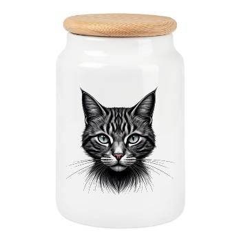 Tête de chat noir et blanc aux yeux bleus - Boîte à biscuits avec couvercle en bois - blanc - Devant