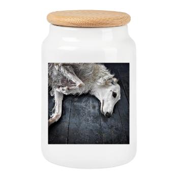 White greyhound on the ground - Cookie Jar with Wooden Lid - white - Front