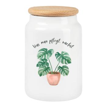 Monstera Aquarell – „Was man pflegt, wächst“ - Keksdose mit Holzdeckel - Weiß - Vorne
