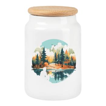 Fishing in the Wilderness – Vintage Nature Landscape D - Cookie Jar with Wooden Lid - white - Front
