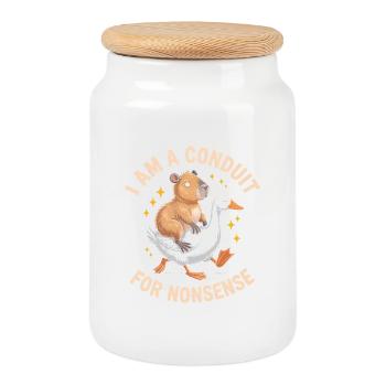 I am a conduit for Nonsense - Funny Goose and Capy - Cookie Jar with Wooden Lid - white - Front