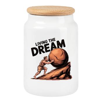 Den Traum leben - Lustiges Sisyphos T-Shirt - Keksdose mit Holzdeckel - Weiß - Vorne