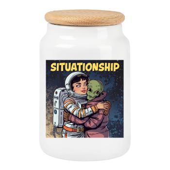 Situationship Astronaute et Alien - Boîte à biscuits avec couvercle en bois - blanc - Devant