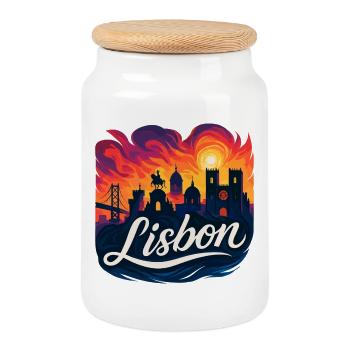 Lisbon Sunset Skyline Lisboa Portugal - Cookie Jar with Wooden Lid - white - Front