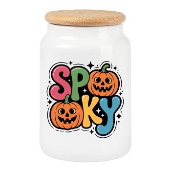 Spooky Kürbis Pop Schriftzug - Keksdose mit Holzdeckel - Weiß - Vorne