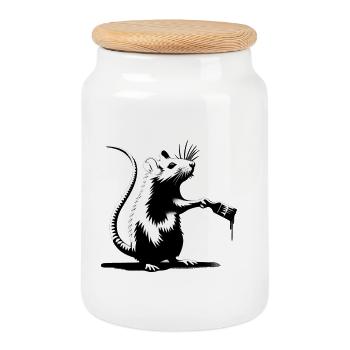 Ratte malt Tropfenfarbe | Eigener Spruch - Keksdose mit Holzdeckel - Weiß - Vorne