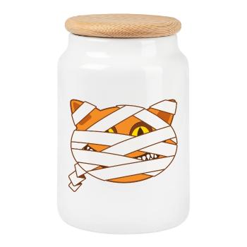 Chat Momie Halloween dessin BD Drôle et Effrayant - Boîte à biscuits avec couvercle en bois - blanc - Devant