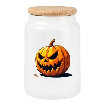 Grim Pumpkin Halloween Look - Cookie Jar with Wooden Lid - white - Front