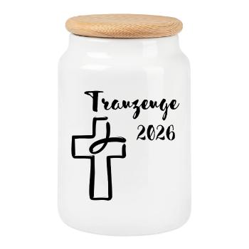 Trauzeuge 2026 Hochzeit christlich Kreuz Fisch - Keksdose mit Holzdeckel - Weiß - Vorne