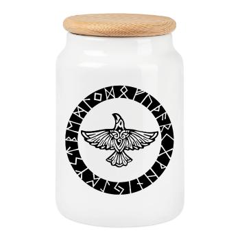 Black Raven and Viking Runes - Cookie Jar with Wooden Lid - white - Front