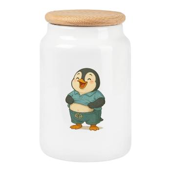 Pingouin heureux avec ventre - Boîte à biscuits avec couvercle en bois - blanc - Devant