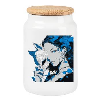 Portrait de masque bleu de jeune femme avec des fleurs - Boîte à biscuits avec couvercle en bois - blanc - Devant