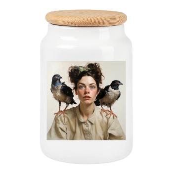 Young Woman Two Crow Birds Shoulders Portrait - Cookie Jar with Wooden Lid - white - Front