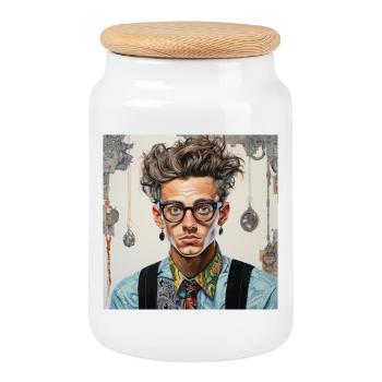 Vintage nerd portrait glasses tangled hair animal - Cookie Jar with Wooden Lid - white - Front
