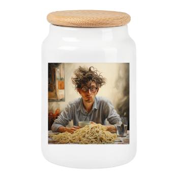 Jeune homme cheveux emmêlés avec des lunettes de montagne spaghetti - Boîte à biscuits avec couvercle en bois - blanc - Devant