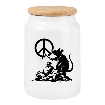 Peace Rat with Flower - Cookie Jar with Wooden Lid - white - Front