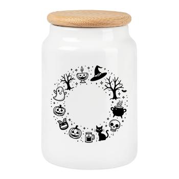 Halloween Symbols Wreath - Cookie Jar with Wooden Lid - white - Front