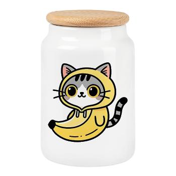 Kawaii cat in banana yellow hoodie - Cookie Jar with Wooden Lid - white - Front