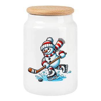 Eishockey Schneemann in Action - Cookie Jar with Wooden Lid - white - Front