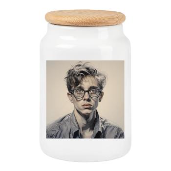 Grayscale Glasses Portrait - Cookie Jar with Wooden Lid - white - Front