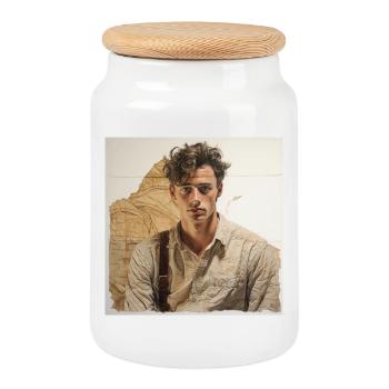 Portrait beige avec lanières en cuir - Boîte à biscuits avec couvercle en bois - blanc - Devant