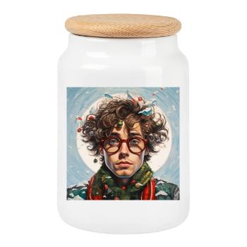 Christmas Magic Portrait with Red Glasses - Cookie Jar with Wooden Lid - white - Front