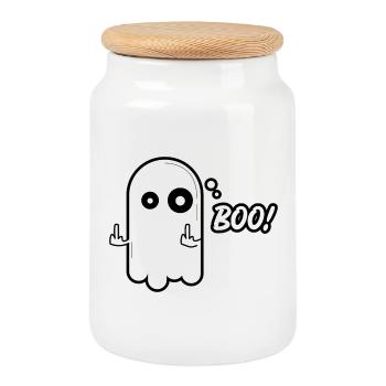 Fantôme vilain – Bouh ! Design drôle d’Halloween - Boîte à biscuits avec couvercle en bois - blanc - Devant