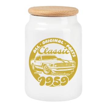 66. Geburtstag - Klassiker Musclecar 11/1959 - Keksdose mit Holzdeckel - Weiß - Vorne