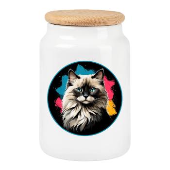 Katzenporträt Neon Spritzer im Kreis - Keksdose mit Holzdeckel - Weiß - Vorne