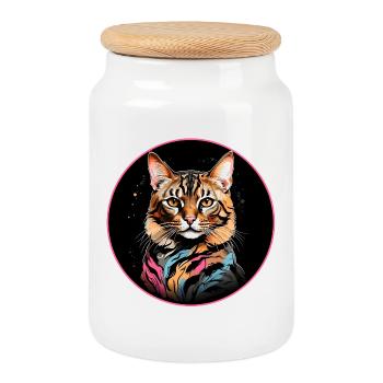 Bengal Cat Portrait - Cookie Jar with Wooden Lid - white - Front