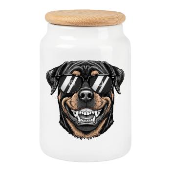 Cute Rottweiler Cartoon with Sunglasses Portrait - Cookie Jar with Wooden Lid - white - Front
