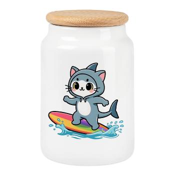 Chat requin sur planche de surf arc-en-ciel - Boîte à biscuits avec couvercle en bois - blanc - Devant