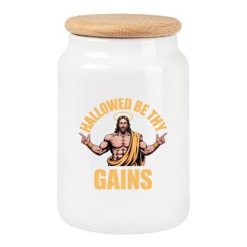 Hallowed be thy Gains - Funny Jesus Gym Meme - Cookie Jar with Wooden Lid - white - Front
