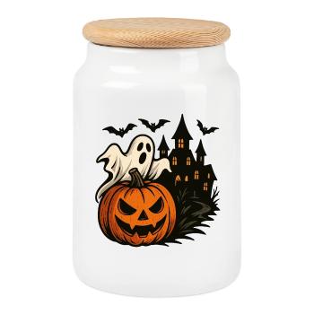 Citrouille d’Halloween, Scène de maison hantée - Boîte à biscuits avec couvercle en bois - blanc - Devant