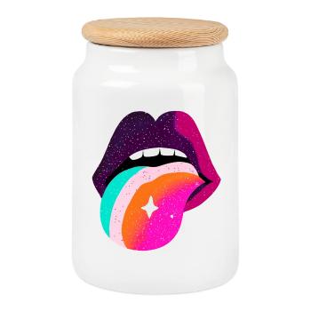 Prismatische Regenbogenzunge Lippen - Keksdose mit Holzdeckel - Weiß - Vorne