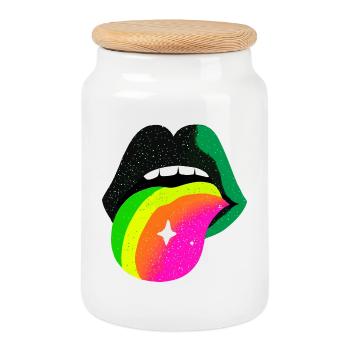 Regenbogenzunge Pop Art Lippen - Keksdose mit Holzdeckel - Weiß - Vorne