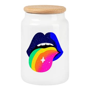 Langue arc-en-ciel Pop Art Lèvres - Boîte à biscuits avec couvercle en bois - blanc - Devant