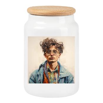 Watercolor Portrait Glasses Jacket - Cookie Jar with Wooden Lid - white - Front