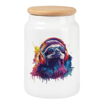 Cooles Faultier mit Brille – Bunte Farbkleckse  - Keksdose mit Holzdeckel - Weiß - Vorne