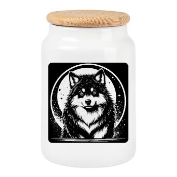 Black and White Husky (Head Close) - Cookie Jar with Wooden Lid - white - Front