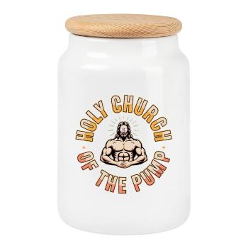 Holy Church of the Pump - Funny Jesus Gym Meme - Cookie Jar with Wooden Lid - white - Front