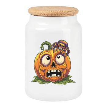 Citrouille drôle surprise et araignée Halloween - Boîte à biscuits avec couvercle en bois - blanc - Devant