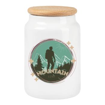 Mountain Love – Wanderer & Berge Motiv - Keksdose mit Holzdeckel - Weiß - Vorne