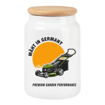 Mowing in Germany – Premium Garden Performance - Cookie Jar with Wooden Lid - white - Front