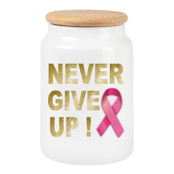 Never Give Up Pink Ribbon - Cookie Jar with Wooden Lid - white - Front