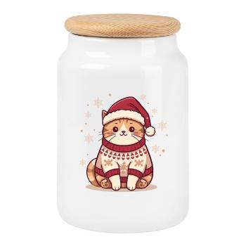 Conception de pull de Noël confortable pour chat - Boîte à biscuits avec couvercle en bois - blanc - Devant