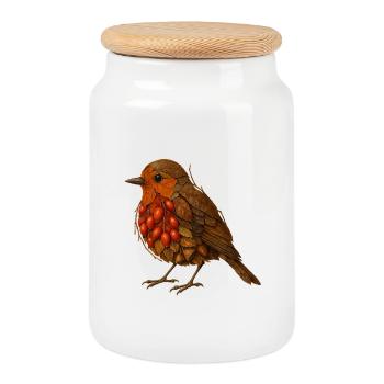 Robin illustration in nature design - Cookie Jar with Wooden Lid - white - Front