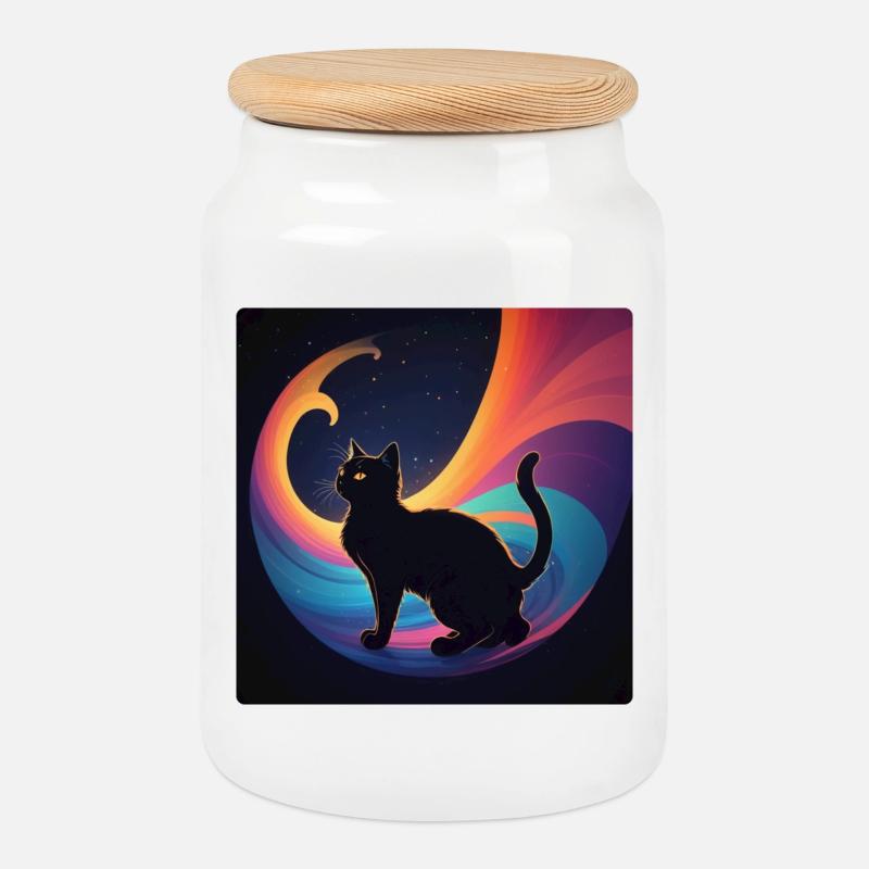 Schwarze Katze vor Regenbogenfarben - Keksdose mit Holzdeckel - Weiß